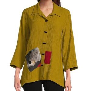 NWOT Ali Miles Green Textured Woven Abstract 3/4 Sleeve Button Front Tunic, XL
